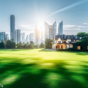 A green pasture shining brightly in a corner of the city with towering skyscrapers (distant view) and a magnificent house (near view)